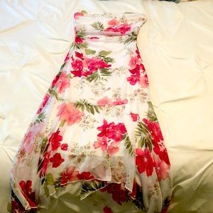 Pink floral print strapless dress